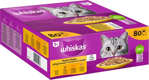 Produktbild von Whiskas Geflügel Auswahl Stückchen in Gelee für erwachsene Katzen 80 x 85g Multipack - 80 x 85 g