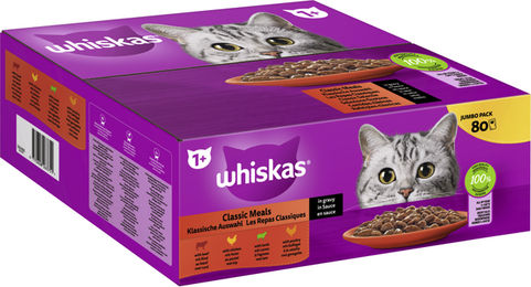 Produktbild von Whiskas Katzen Nassfutter Klassische Auswahl Stückchen in Sauce für erwachsene Katzen 80 x 85g Multipack
