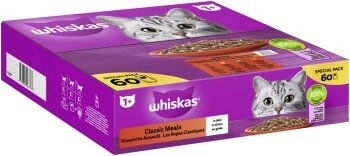 Produktbild von Whiskas Katzen Nassfutter Multipack mit Stückchen in Gelee für erwachsene Katzen 60 x 85g Rind Huhn Lamm Geflügel