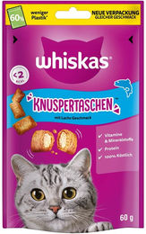Produktbild von Whiskas Knuspertaschen Lachs Leckerli für Katzen 6x60 g