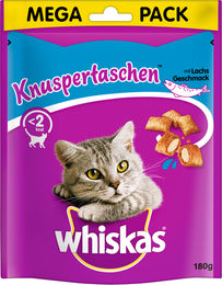 Produktbild von Whiskas Knuspertaschen Leckerli mit Lachs für erwachsene Katzen 180g