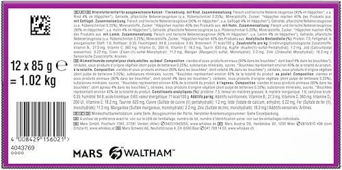 Whiskas Nassfutter für erwachsene Katzen Stückchen in Sauce Rind Huhn Lamm Geflügel 48x85g Beutel ohne Farb- und Aromastoffe - 12 x 85 g – Bild 1 von 7