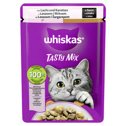 Produktbild von Whiskas Tasty Mix Katzen Nassfutter Lachs mit Karotte in Sauce für adulte Katzen 85 g