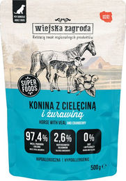 Produktbild von Wiejska Zagroda Hundefutter Adult Pferd Kalb Lachs Stückchen in Sauce getreidefrei und glutenfrei 500 g