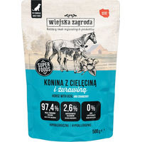 Produktbild von Wiejska Zagroda Hundefutter Adult Pferd Kalb Lachs Stückchen in Sauce getreidefrei und glutenfrei 500 g