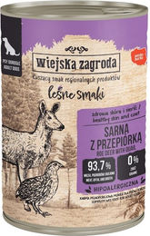 Produktbild von WIEJSKA ZAGRODA Nassfutter für adulte Hunde Reh mit Wachtel Stückchen in Sauce getreidefrei und glutenfrei 400 g
