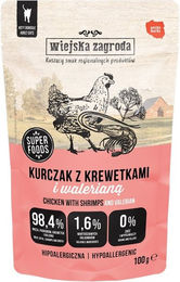 Produktbild von WIEJSKA ZAGRODA Superfoods Nassfutter Huhn mit Garnelen und Baldrian Pastete für adulte Katzen getreidefrei 100 g