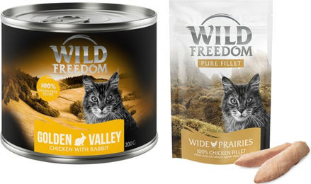 Produktbild von Wild Freedom Kombi-Paket für Adult Katzen: Getreidefreies Nassfutter Kaninchen & Huhn sowie Hühnerfilet Snacks - 6 x 200 g