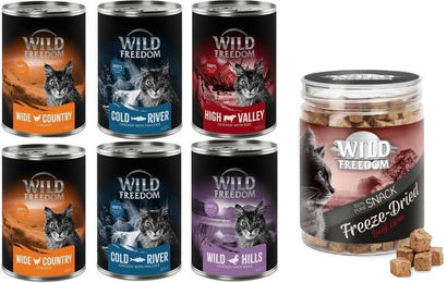 Produktbild von Wild Freedom Kombi-Paket für Katzen Adult Getreidefrei Mix aus Huhn Seelachs Rind Ente und Hühnerherzen 24 x 400 g Nassfutter und 3 x 45 g RAW - 24 x 400 g