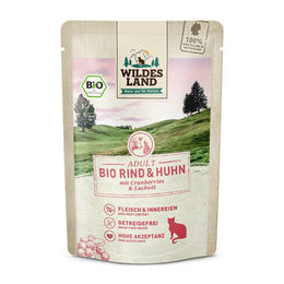 Wildes Land BIO Katzen Nassfutter Adult Rind und Huhn mit Stückchen in Soße 12 x 85 g Pouch - 12 x 85 g – Bild 1 von 3