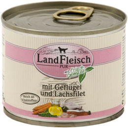 Produktbild von Wildes Land Dog Pur Hundefutter Filets Geflügel und Lachs 12x195g