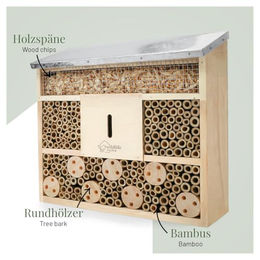 WILDLIFE HOME Insektenhotel aus Naturholz mit Metalldach als Nisthilfe für Wildbienen und Marienkäfer – Bild 1 von 3