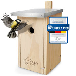WILDLIFE HOME Nistkasten aus Massivholz mit Metalldach für Meisen und Wildvögel nach NABU-Standard – Bild 1 von 13