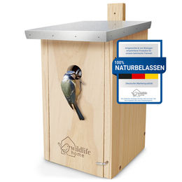 WILDLIFE HOME Nistkasten für Meisen und Wildvögel aus Holz mit Metalldach nach NABU-Standard – Bild 1 von 13
