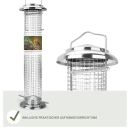 wildtier liebe Vogelfutterspender aus Edelstahl Silber 38cm Erdnussfutterspender Futtersäule für Wildvögel - 38 cm – Bild 1 von 6
