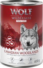 Produktbild von Wolf of Wilderness Adult Hundefutter Triple Taste of Canada Rind Pute Kabeljau Getreidefrei 6 x 400 g - 6 x 400 g