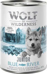 Produktbild von Wolf of Wilderness Blue River Junior Hundefutter Huhn und Lachs getreidefrei 24 x 400 g - 24 x 400 g