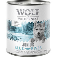 Produktbild von Wolf of Wilderness Blue River Junior Hundefutter Huhn und Lachs getreidefrei 6 x 800 g - 6 x 800 g