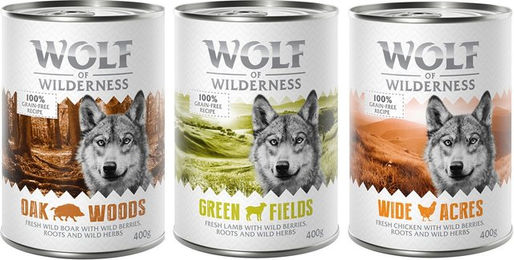 Produktbild von Wolf of Wilderness Hundefutter Adult Mixpaket 6 x 400 g Mousse Wildschwein Huhn Lamm getreidefrei monoprotein - 6 x 400 g
