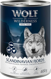Produktbild von Wolf of Wilderness Hundefutter Adult Triple Taste of Scandinavia Rentier Lachs Huhn Getreidefrei 6 x 400 g - 6 x 400 g