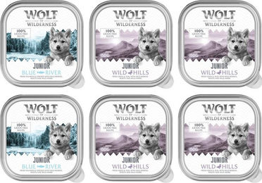 Wolf of Wilderness Junior Hundefutter Mixpaket Getreidefrei 6 x 150 g Ente Kalb Huhn Lachs – Bild 1 von 1