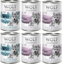 Produktbild von Wolf of Wilderness Junior Hundefutter Mixpaket Getreidefrei 6 x 400 g Ente Kalb Huhn Lachs - 6 x 400 g
