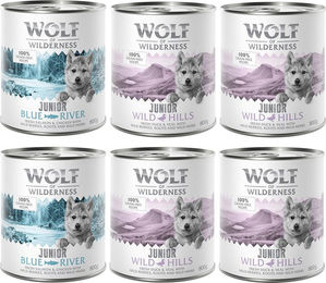 Produktbild von Wolf of Wilderness Junior Hundefutter Mixpaket Getreidefrei 6 x 800 g Ente Kalb Huhn Lachs - 6 x 800 g