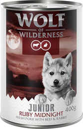 Produktbild von Wolf of Wilderness Junior Hundefutter Ruby Midnight mit frischem Schwein getreidefrei 6 x 400 g - 6 x 400 g