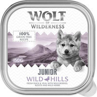 Produktbild von Wolf of Wilderness Junior Nassfutter Wild Hills Ente und Kalb Getreidefrei mit hohem Fleischanteil 6 x 150 g Schalen