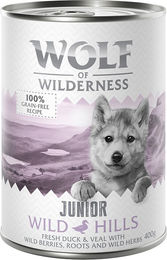 Produktbild von Wolf of Wilderness Junior Wild Hills Hundefutter Ente und Kalb getreidefrei 24 x 400 g - 24 x 400 g