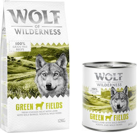 Produktbild von Wolf of Wilderness Kombi-Paket für Hunde Adult Green Fields Lamm Getreidefrei mit 12 kg Trockenfutter und 24 x 800 g Nassfutter - 12 kg