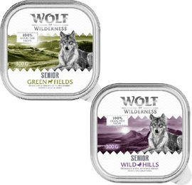 Wolf of Wilderness Senior Hundefutter Mixpaket Duo-Protein Rezeptur Getreidefrei 6 x 300 g Schalen Lamm Huhn Ente Kalb – Bild 1 von 1