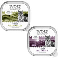 Produktbild von Wolf of Wilderness Senior Hundefutter Mixpaket Duo-Protein Rezeptur Getreidefrei 6 x 300 g Schalen Lamm Huhn Ente Kalb