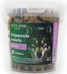 Produktbild von Wolf's Nature Dog Bites Belohnungssnack für Hunde mit Strauß getreidefrei und kaltgepresst 112g