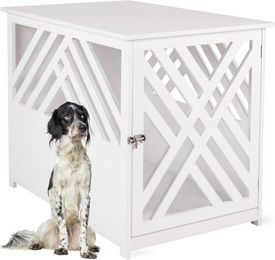 Produktbild von WONDERMAKE Design Hundekäfig aus Holz mit Beistelltisch für kleine und mittlere Hunde 90x60 cm weiß