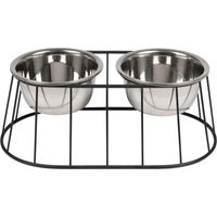 Produktbild von WONDERMAKE Erhöhter Hundenapf Set aus Edelstahl mit Ständer für große Hunde 2er Set Silber Schwarz 47x26,5x17 cm - 2 x 1,2 l