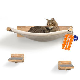 WOOWOOD Katzen Kletterwand aus Massivholz mit 2 Katzentreppen und Hängematte in Beige – Bild 1 von 5