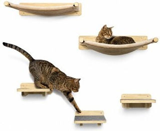 WOOWOOD Katzenwand Set aus Holz mit 2 Kletterwänden, 3 Treppenstufen und Hängematte in Naturhell – Bild 1 von 3