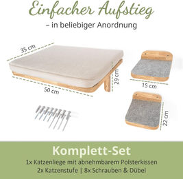 WOOWOOD Kletterwand für Katzen aus Massivholz mit 2 Katzentreppen und Katzenbett in Beige – Bild 1 von 3