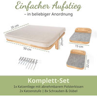 Produktbild von WOOWOOD Kletterwand für Katzen aus Massivholz mit 2 Katzentreppen und Katzenbett in Beige