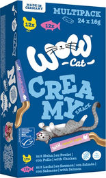 WOW Cat Creamy Snack Schleck-Snack Multipack 24 x 16 g Huhn und Lachs getreidefrei und ohne Zucker – Bild 1 von 4