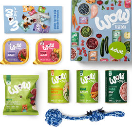 Produktbild von WOW DOG Hundefutter Testbox für Adult mit getreidefreiem Nassfutter, Trockenfutter und buntem Spielzeug
