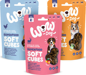 WOW Dog Soft-Cubes Probierset Belohnungssnack für Hunde mit Huhn, Pferd und Wild getreidefrei und monoprotein 450g – Bild 1 von 1