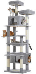 XL Katzen Kratzbaum Turm in Grau mit 205 cm Höhe, Doppelte Katzenhöhlen, Hängematte und Sisal-Kratzsäulen für große Katzen – Bild 1 von 2