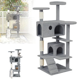 XMTECH Kratzbaum für Katzen in Grau und Beige mit 130 cm Höhe aus Plüsch und Sisal inklusive Höhle und Leiter – Bild 1 von 4