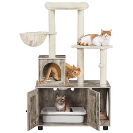 Yaheetech 2-in-1 Kratzbaum mit integriertem Katzenschrank für Katzenklo, 135 cm hoch, Beige/Grau – Bild 1 von 1