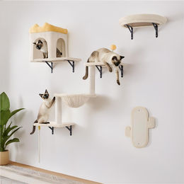 Yaheetech Katzen Kletterwand 4er Set mit Katzenhöhle, Liegeplattformen, Kratzbrett und Korb in Beige für kleine bis mittelgroße Katzen – Bild 1 von 1