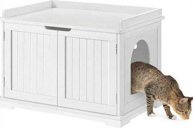Yaheetech Katzenklo-Schrank aus Holz mit magnetischen Türen und Trennfach in Weiß – Bild 1 von 1