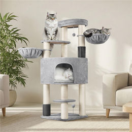 Yaheetech Kratzbaum für Katzen 160 cm mit Sisalstämmen, Katzenhöhle und Plattformen, Hellgrau und Beige – Bild 1 von 2