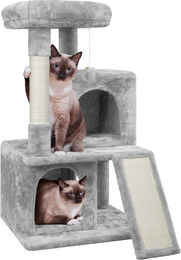 Yaheetech Kratzbaum für kleine bis mittelgroße Katzen mit 2 Häuschen und Sisal-Kratzstangen, 91 cm, Hellgrau – Bild 1 von 2